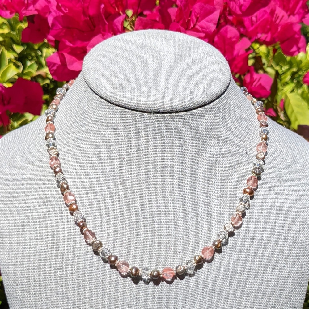 Necklace with Strawberry Quartz, Clear Quartz, Grey Pearls, and Sterling Silver